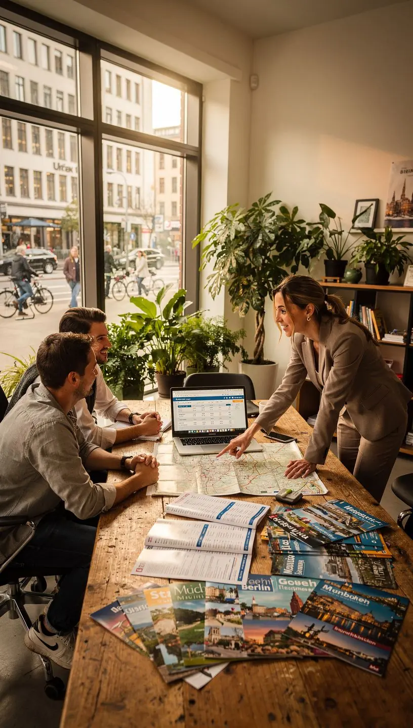 Modern eingerichtetes Reisebüro mit aufmerksamem Personal, das individuelle Beratung bietet